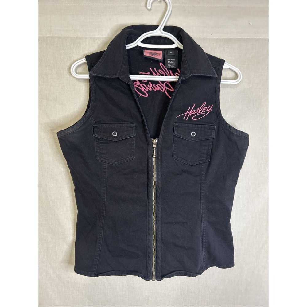 Harley-Davidson Vest Women's M Black Zip Lace-Up Corset Back Pink Embroidered